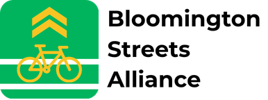 Text reading Bloomington Streets Alliance, with the Alliance's logo to the left featuring a gold bicycle on a crosswalk with a double chevron marking above, all on a green background.